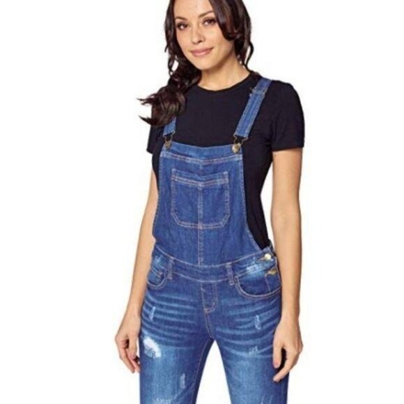 Wax Medium Blue Denim Distressed Overalls - Picture 5 of 5
